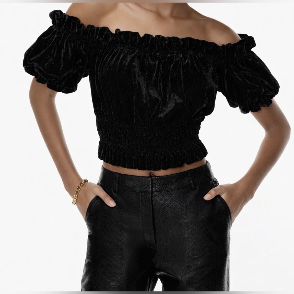 Bershka Black Velvet Off Shoulder Ruched Crop Top Puff Sleeve Size M